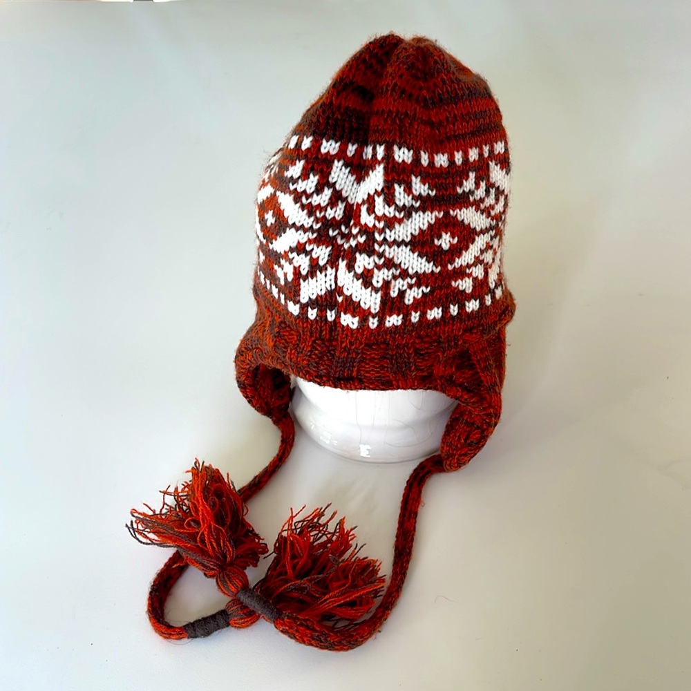 Koppen Adult Ear Flap Knit Hat Tassels Snowflake Design Burnt Orange Brown Cream